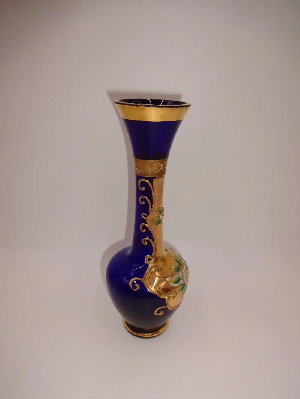 Vintage 1950s 1960s Lefton Japan Cobalt Blue Glass Works Vase Flowers Enamel 8